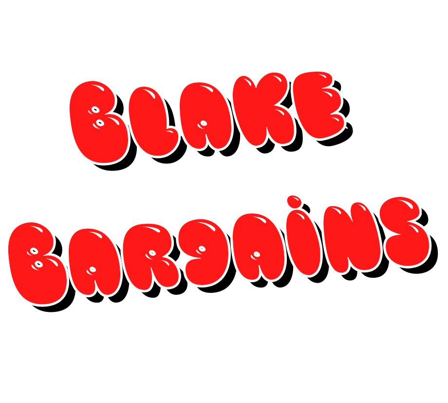 Bold red text with black shadow reading "BLAKE BARGAINS" on a white background.