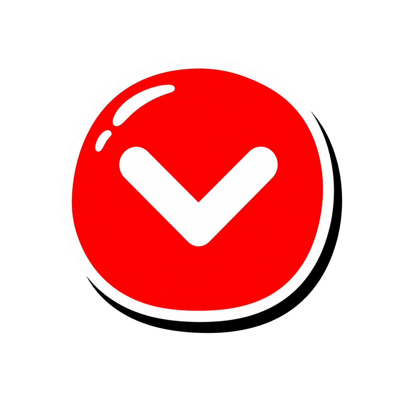 Red circular button with a white check mark pointing downwards.
