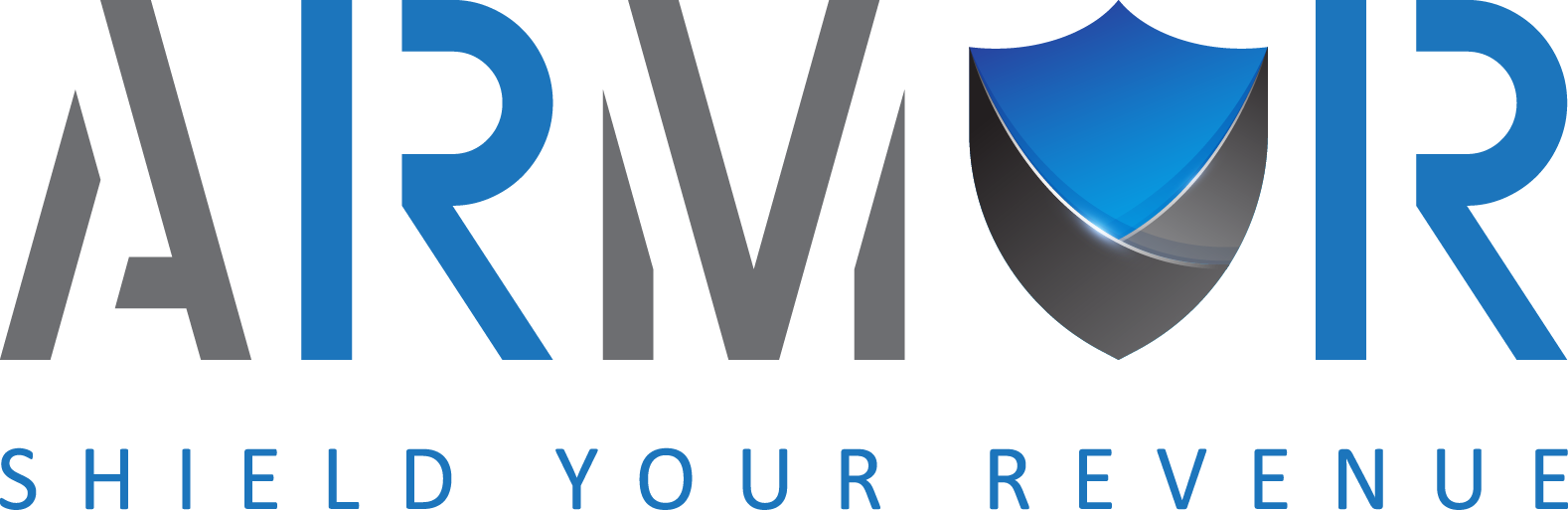 Blue and black shield logo with 3D effects on a blue background.