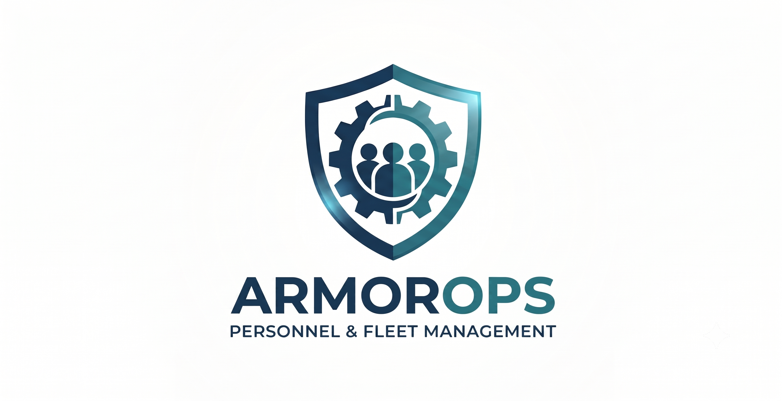 Logo featuring a shield with a gear and three human figures inside, above the text 'ARMOROPS' and the subtitle 'Personnel & Fleet Management'.