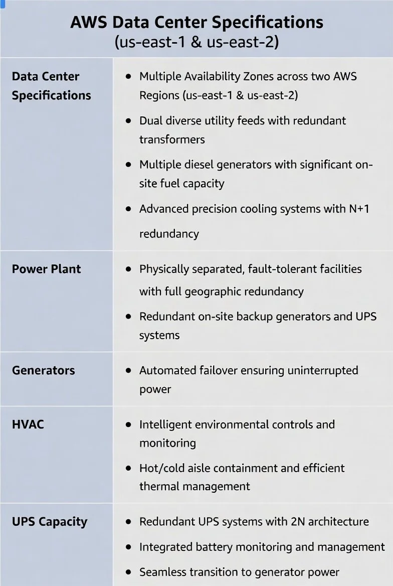 A table titled 'AWS Data Center Specifications (us-east-1 & us-east-2)' listing features for Data Center, Power Plant, Generators, HVAC, and UPS Capacity, detailing redundancy, environmental controls, and power management systems.