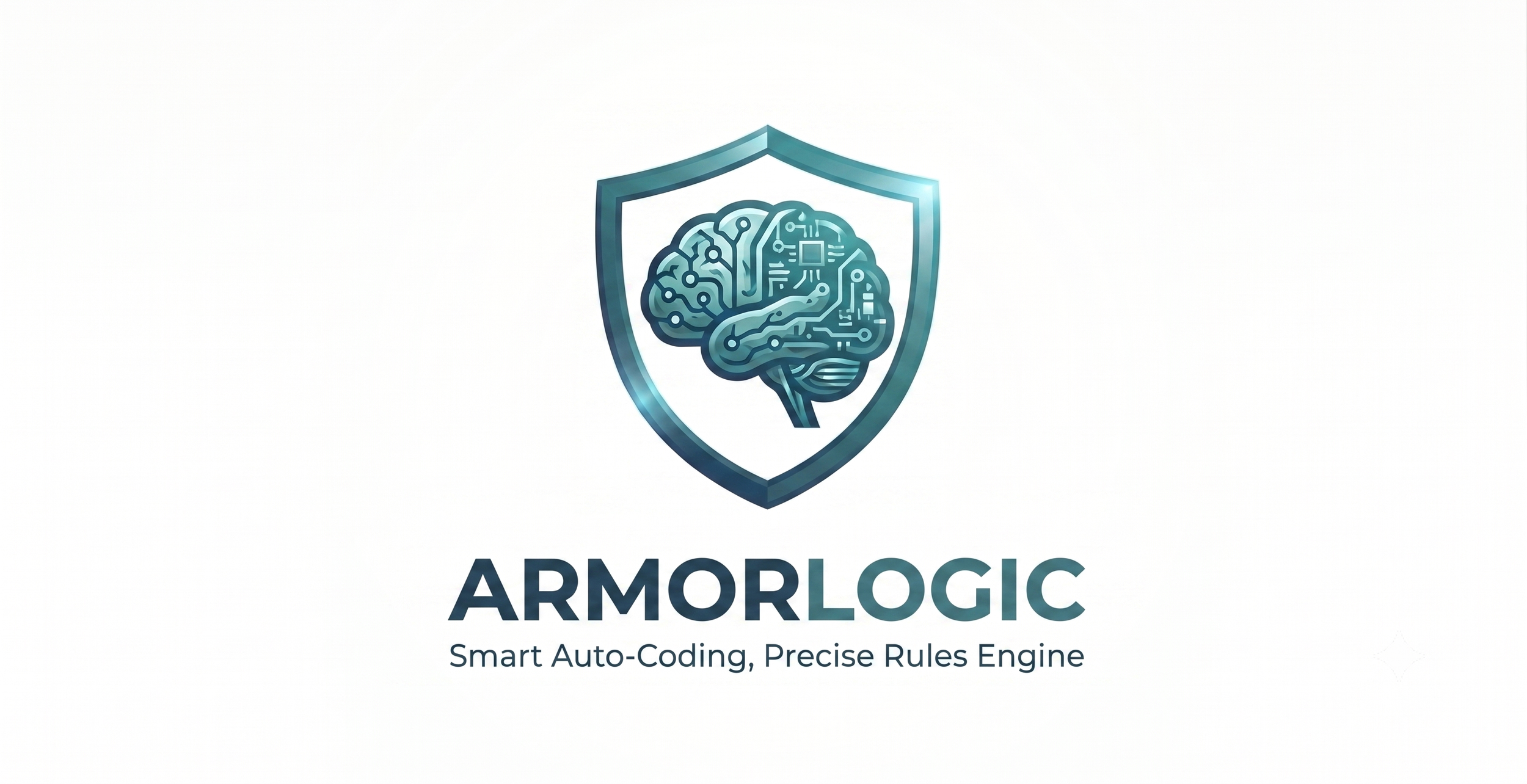A logo featuring a shield with a circuit-board styled brain inside, representing AI or cybersecurity, with the text 'ARMORLOGIC' and the tagline 'Smart Auto-Coding, Precise Rules Engine' below.