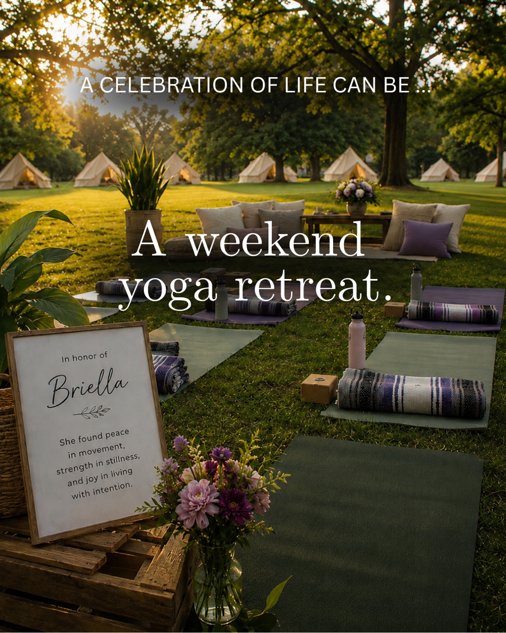 A wellness celebration of life or yoga retreat memorial offers a peaceful weekend of movement, reflection, meditation, and connection in honor of someone who valued health, mindfulness, and inner peace.