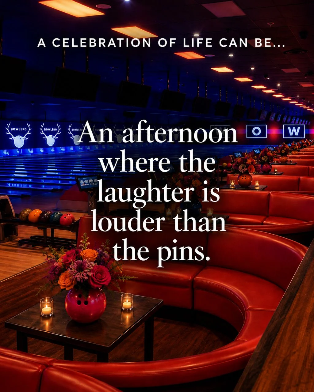 A bowling alley offers a fun and memorable celebration of life idea for someone who loved friendly competition and spending time with family. This relaxed memorial reception encourages guests to laugh, reconnect, and celebrate a joyful life together.
