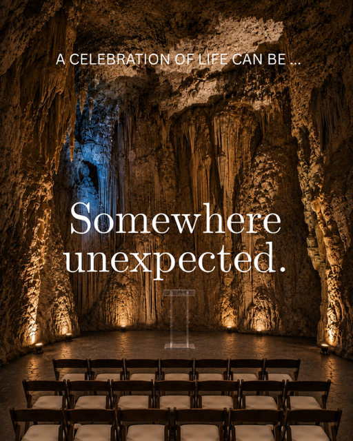 The most meaningful celebration of life ideas are often the ones no one expects. A dramatic cavern or cave creates an unforgettable memorial venue, reminding guests that honoring a remarkable life doesn't have to happen in an ordinary place.