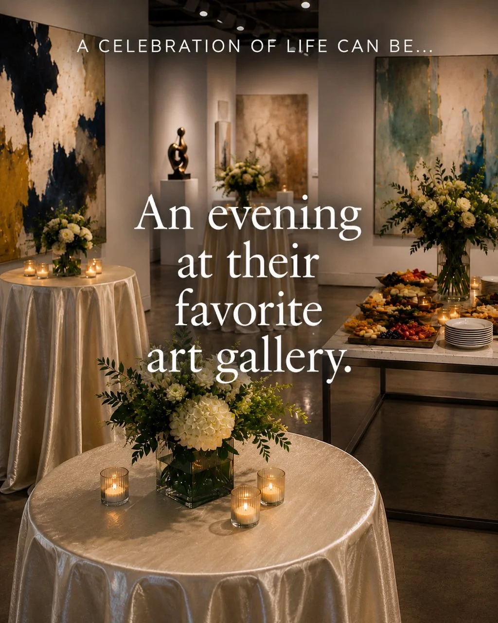 An art gallery provides a peaceful and inspiring celebration of life venue for someone who loved creativity and beauty. This unique memorial celebration invites guests to reflect, connect, and honor a life filled with imagination.