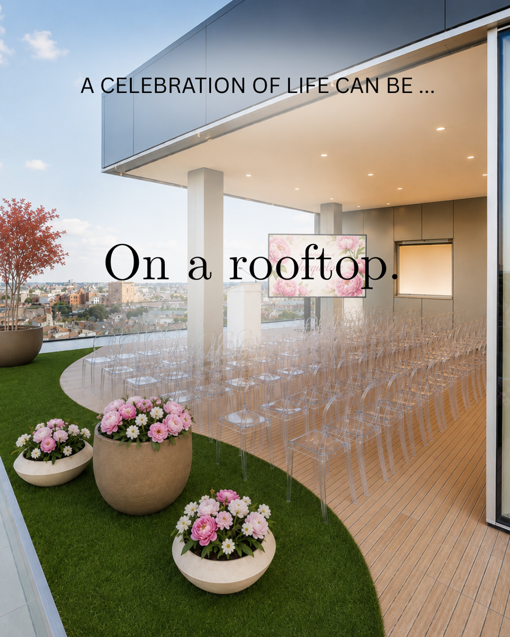 A rooftop celebration of life venue offers sweeping views and an unforgettable setting for honoring someone who loved the city skyline. As the sun sets and lights begin to twinkle, family and friends can gather for a memorial celebration that feels b