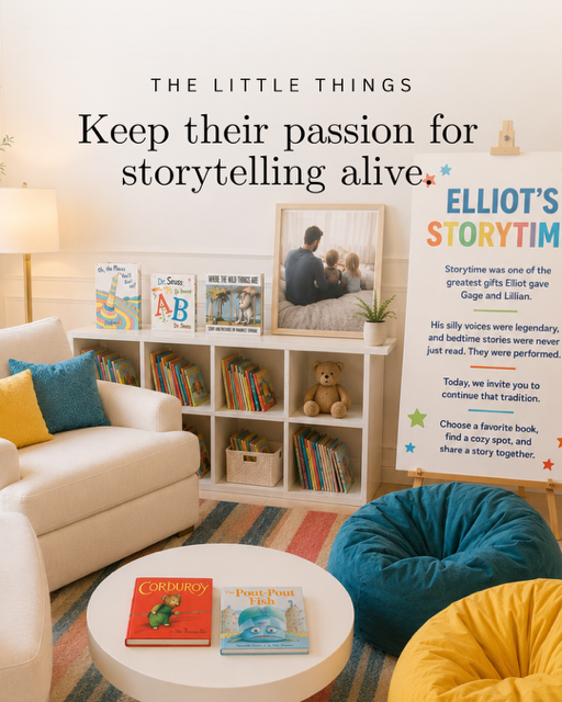 Some of life's greatest memories begin with "Once upon a time." If they loved reading to their children or grandchildren, create a reading nook filled with their favorite books where guests can carry that tradition forward. It's a beautiful way to ce
