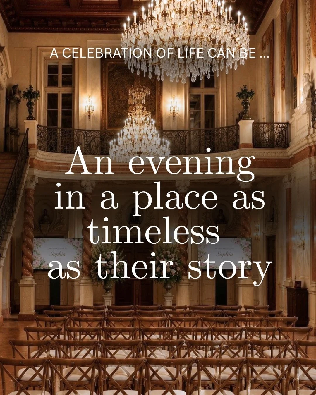A historic estate or grand ballroom offers an elegant setting for a celebration of life. For someone who appreciated beautiful architecture, timeless traditions, or classic design, this type of memorial venue creates a meaningful backdrop for sharing