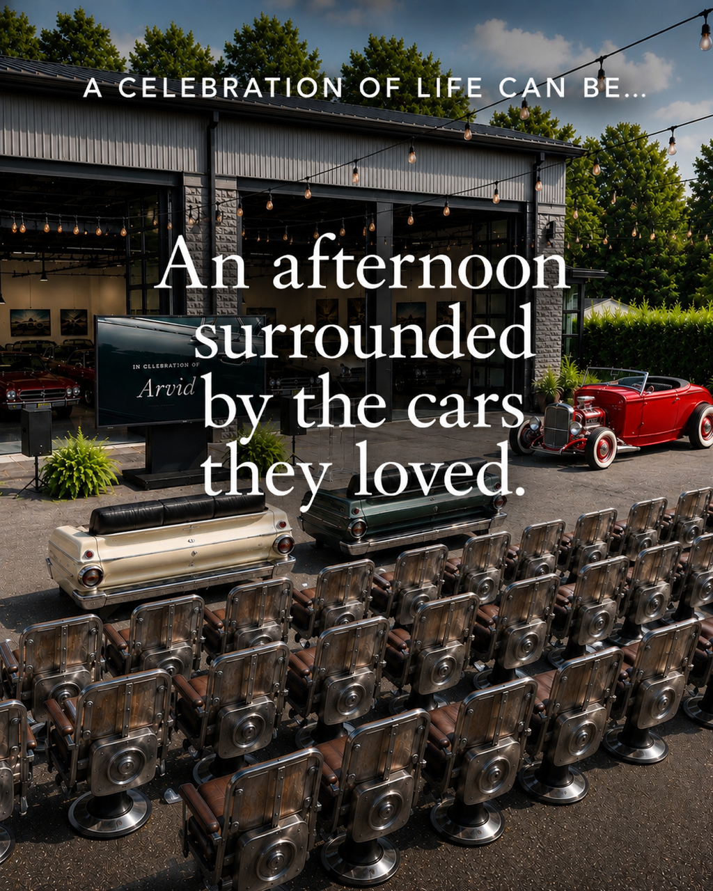 A classic car celebration of life at an automotive museum or collector garage surrounds guests with vintage vehicles that reflect a lifelong passion for craftsmanship, design, and the open road.