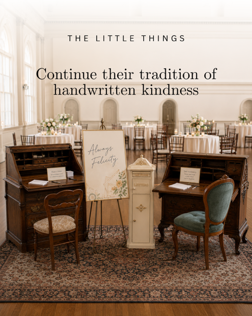 A handwritten letter station invites guests to share stories, memories, and messages during a celebration of life. These personal notes become treasured keepsakes for family long after the memorial service ends.