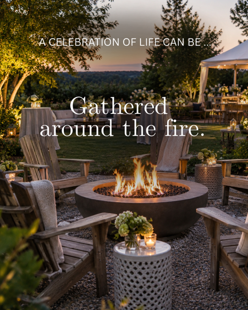 A fire pit naturally brings people together, making it a beautiful setting for an outdoor celebration of life. As stories are shared and memories unfold, this simple memorial gathering becomes a warm and deeply personal experience.