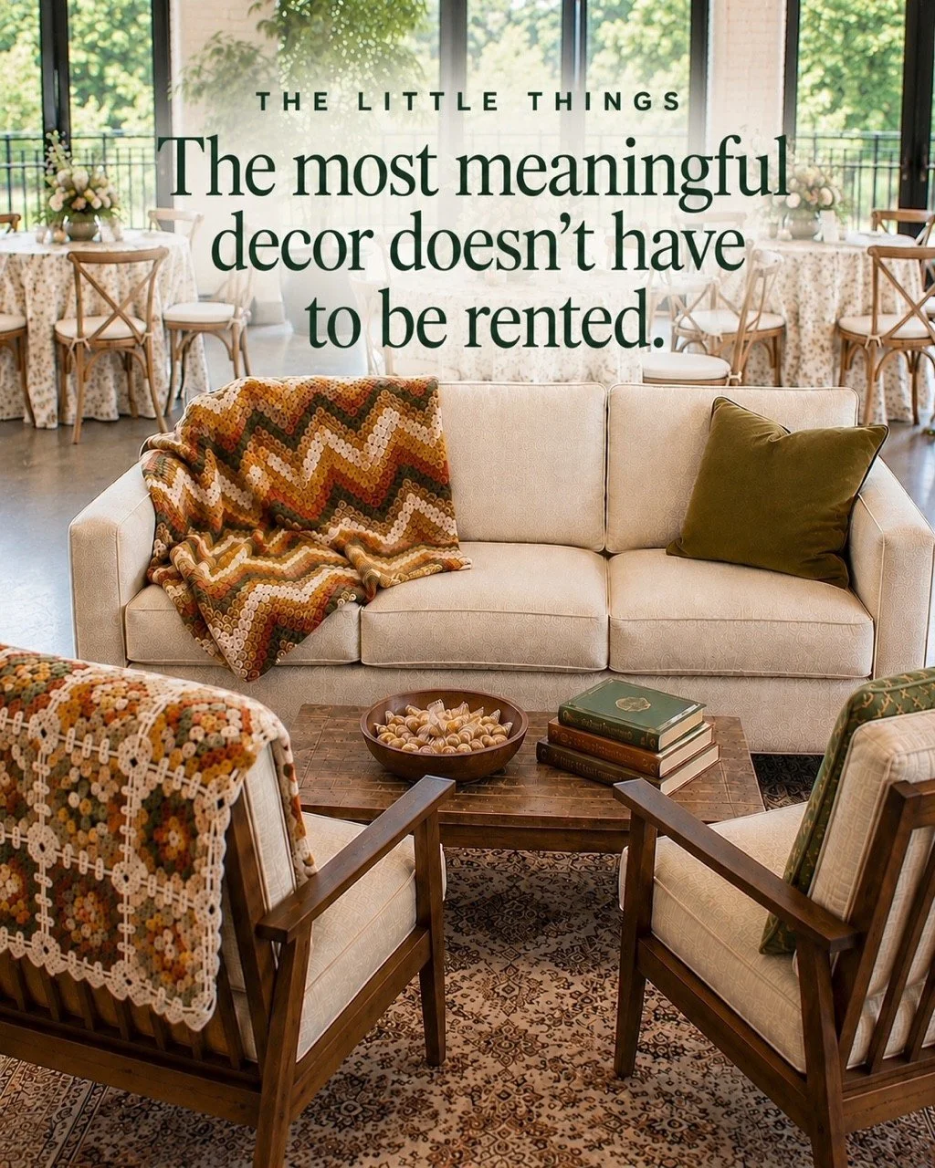 A favorite blanket, well-loved books, treasured furniture, and meaningful keepsakes can become beautiful celebration of life decor. Personal belongings often tell a richer story than anything rented for a memorial service.