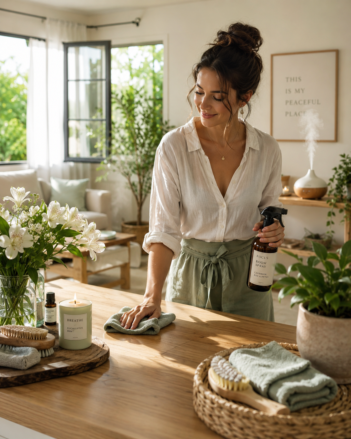 Woman cleaning a wooden table with natural light filling the room, surrounded by plants and flowers, holding a spray bottle labeled 'Focus Room Spray'.