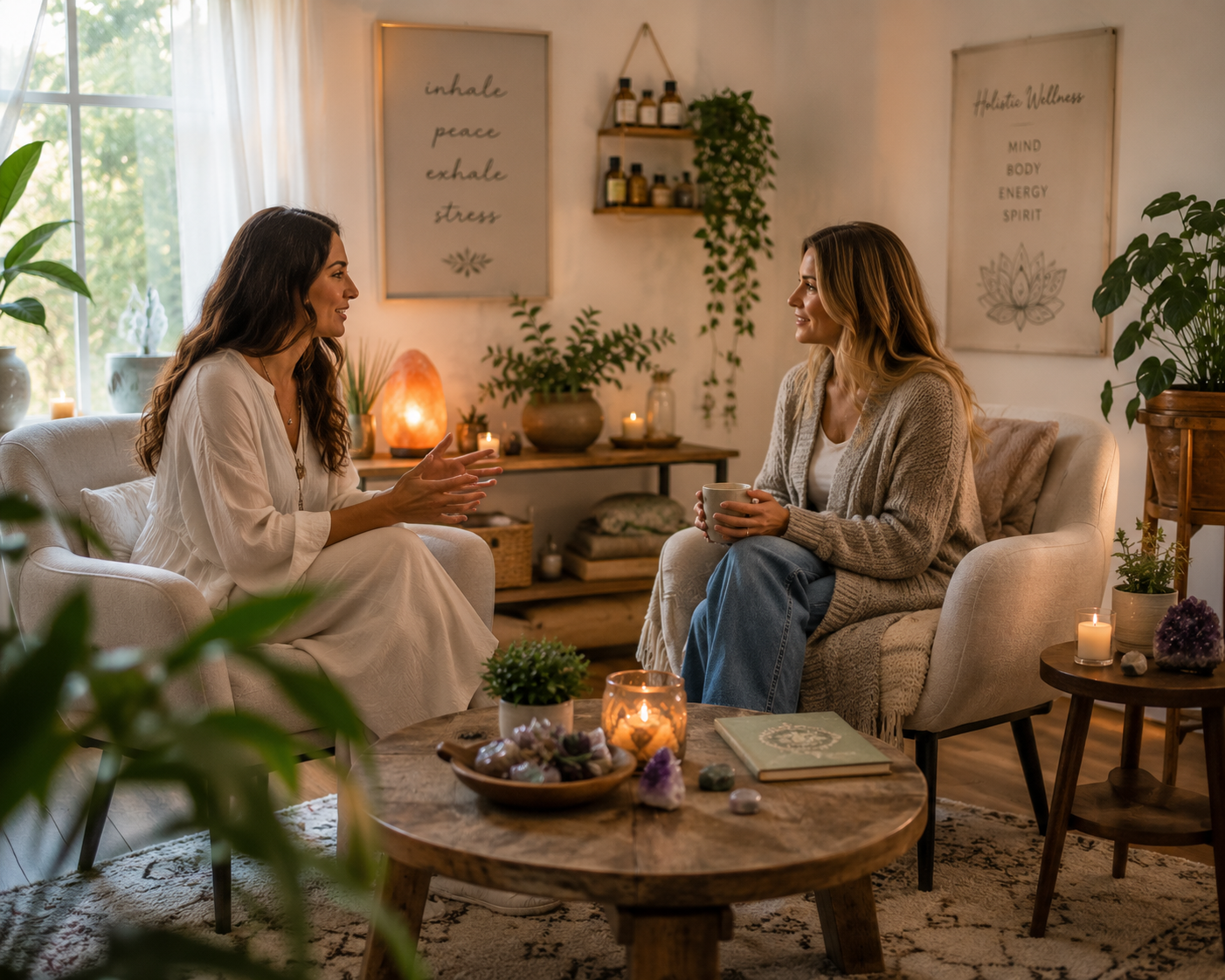 Two women are sitting in a cozy living room, engaged in a conversation. One woman is wearing a white dress, and the other is in a beige cardigan with a mug in her hands. The room has soft lighting, candles, plants, and wellness-themed wall art.