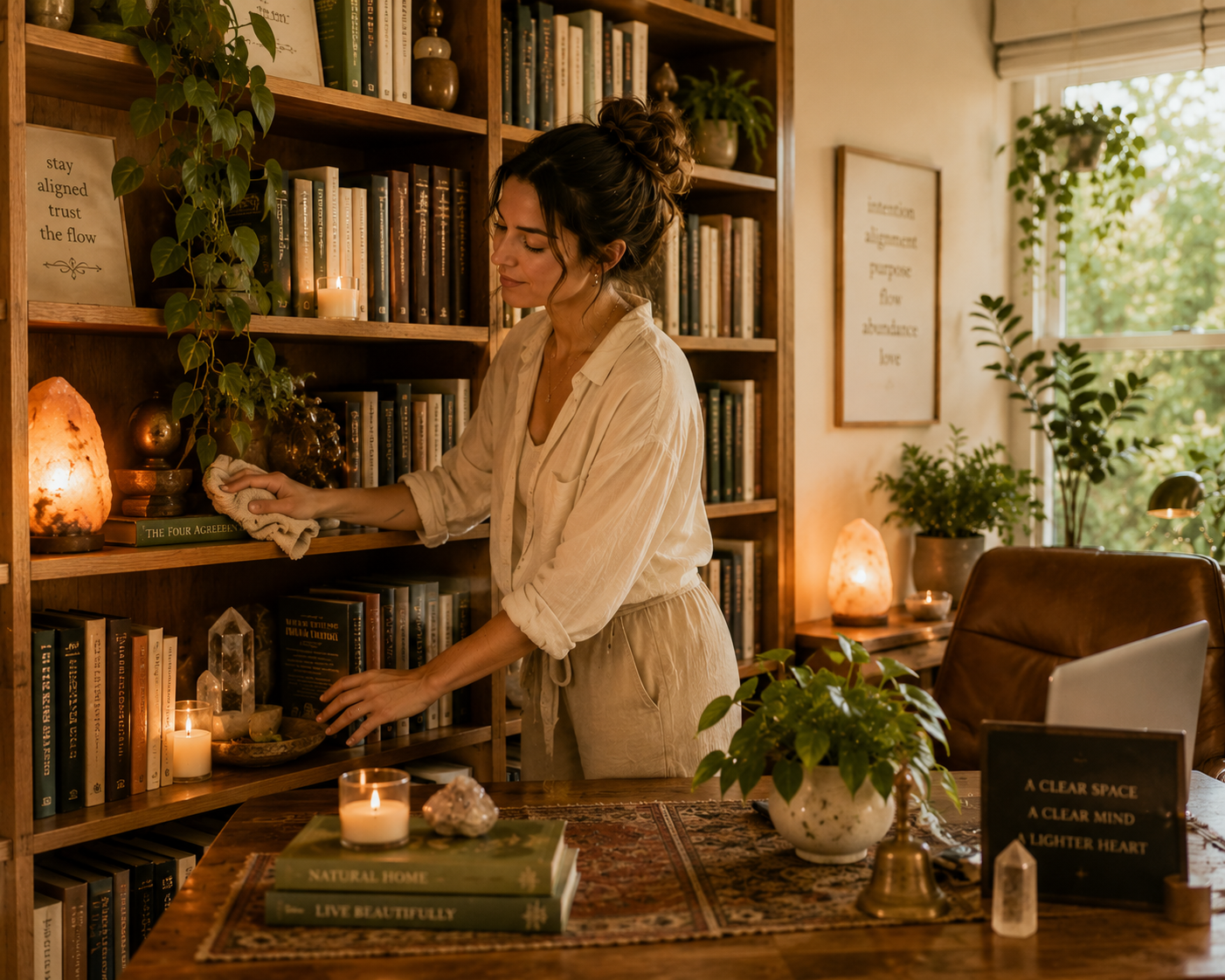 A woman with dark hair in a bun dusts a wooden bookshelf filled with books and decorative items. The room has warm lighting, matching salt lamps, candles, green plants, and framed wall art. There is a desk with more plants, candles, and decorative objects, creating a cozy and serene atmosphere.
