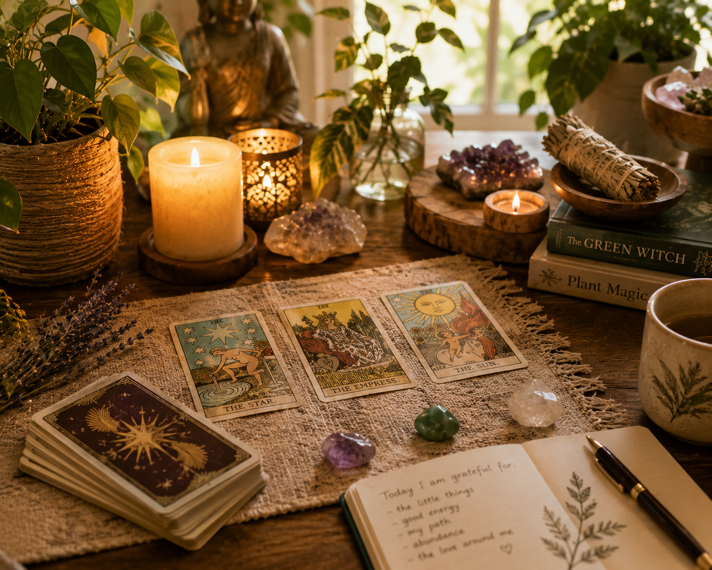 A table with tarot cards, candles, crystals, plants, books, a notebook, and a cup, set in a cozy, sunlit room.