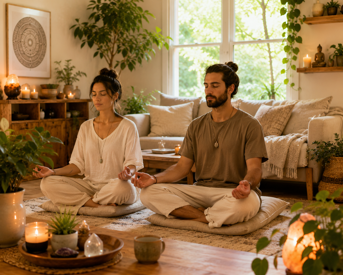 A man and woman sitting cross-legged on meditation cushions in a cozy, warmly lit living room, practicing meditation with their eyes closed and hands resting on their knees. The room has large windows with sunlight streaming in, surrounded by plants, candles, and decorative items.