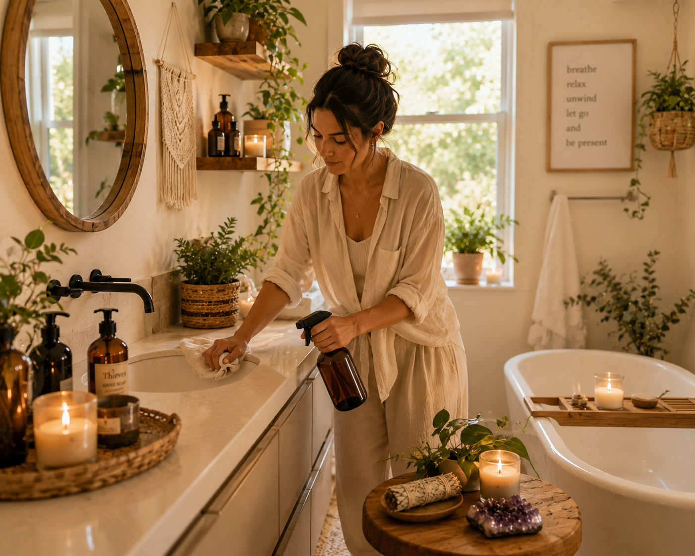 Woman cleaning bathroom counter with spray bottle and cloth surrounded by candles, plants, and decor.