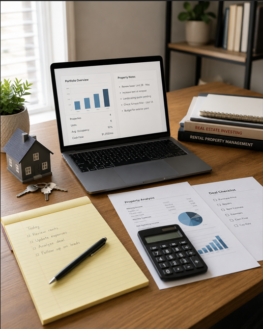 A workspace with a laptop displaying real estate data, a small model house with keys, a yellow notepad with notes, a calculator, and a property analysis sheet on a wooden desk. There are books on real estate and rental property management in the background.