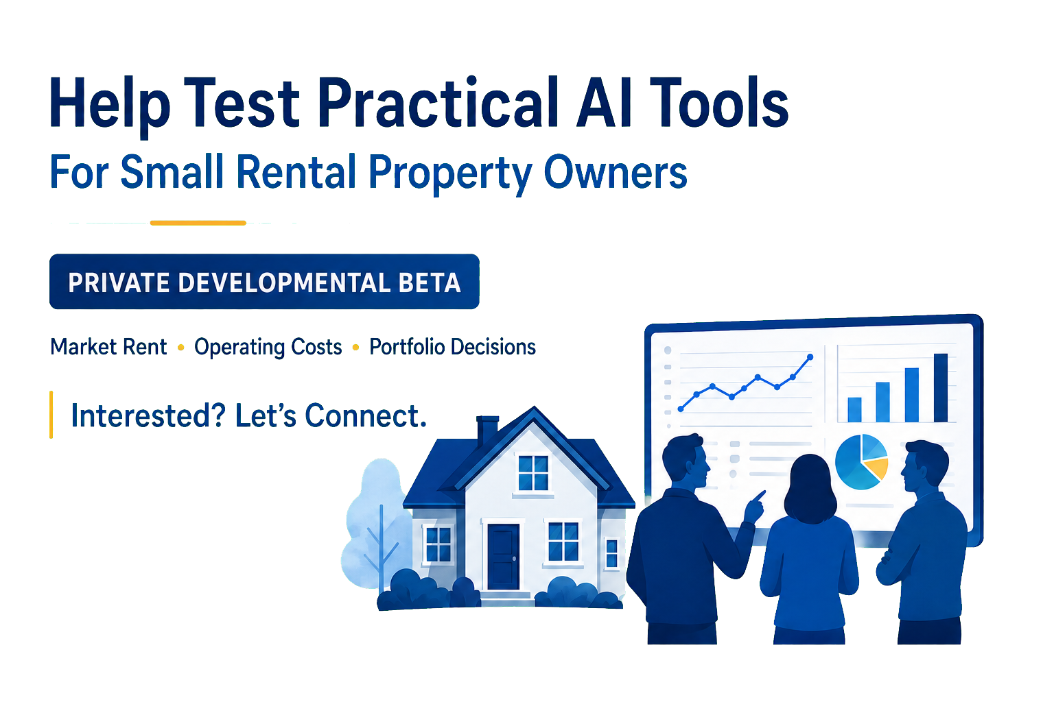 Illustration promoting test tools for small rental property owners with a house, a graph presentation, and three people discussing.