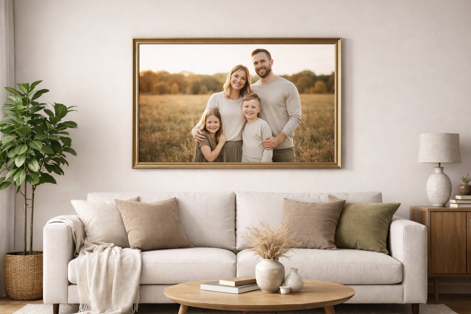 A living room with a large framed family photo on the wall above a white sofa, decorated with beige and olive pillows, a cream throw, and a wooden coffee table with vases and books, with a tall green plant on the left and a table lamp on the right.