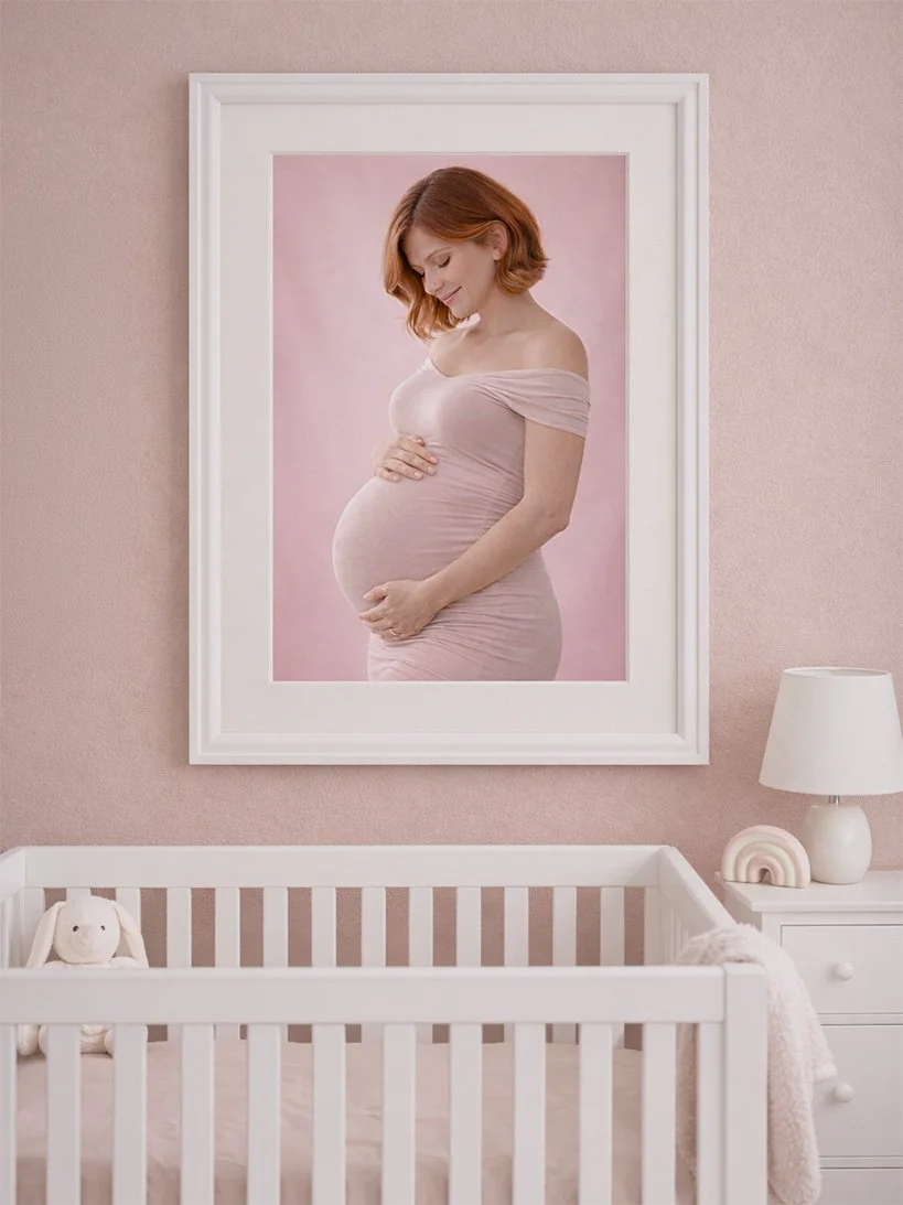 A framed photograph of a pregnant woman with red hair, wearing a pink off-shoulder dress, looking down at her baby bump with a gentle smile, hanging on a pink wall in a nursery.