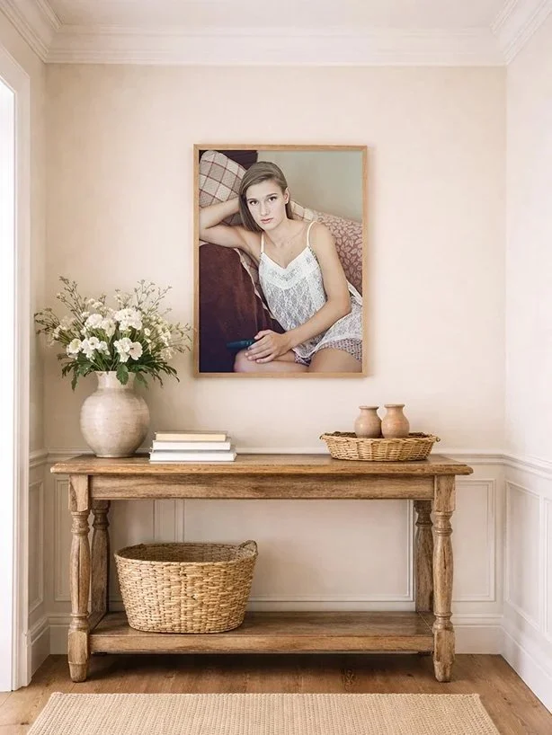 Interior decor with a wooden console table, a large vase with flowers, two small vases on a tray, a stack of books, a woven basket below, and a framed photo of a young woman in a white dress on the wall.