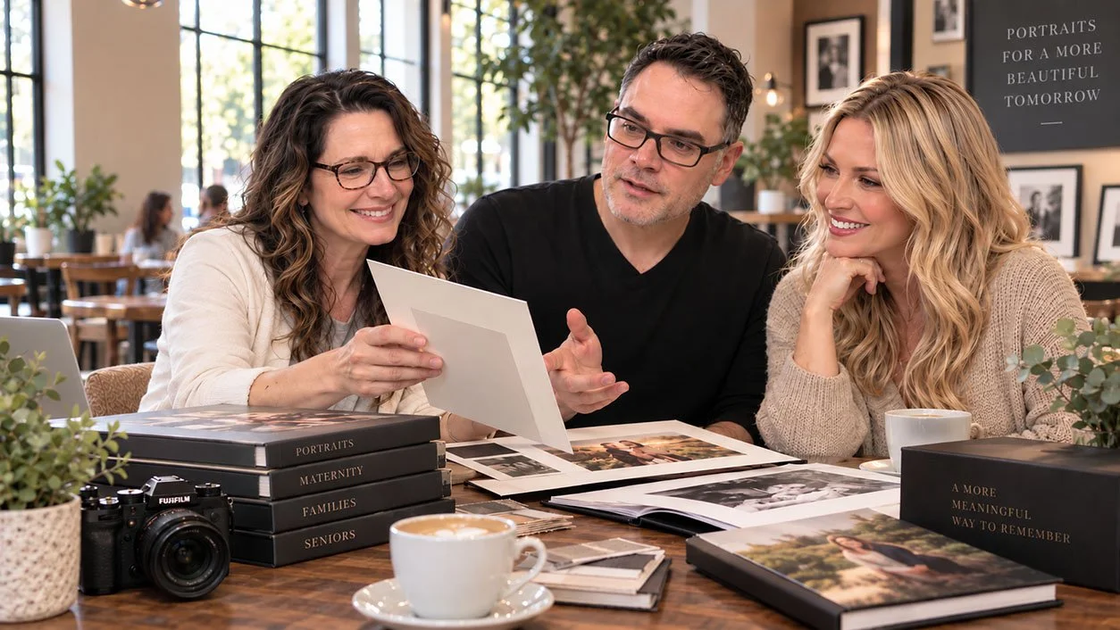 Three people looking at printed photographs or albums in a cozy cafe or studio setting, with photo books and a camera on the table.