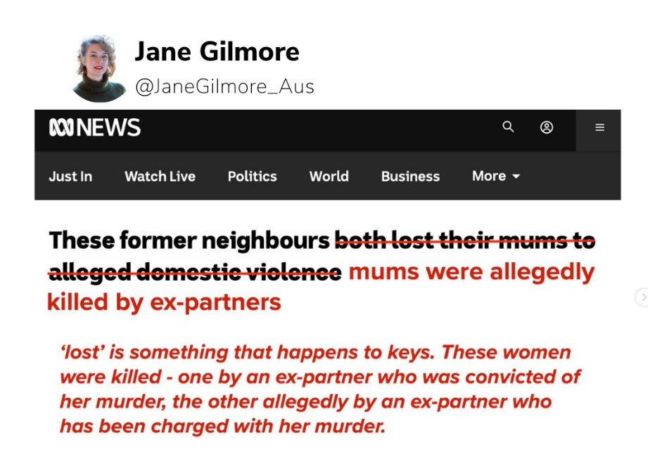 Screenshot of a news article from ABC NEWS. The headline states, 'These former neighbours both lost their mums to alleged domestic violence' with the words 'alleged domestic violence' crossed out and replaced with 'mums were allegedly killed by ex-partners' in red.