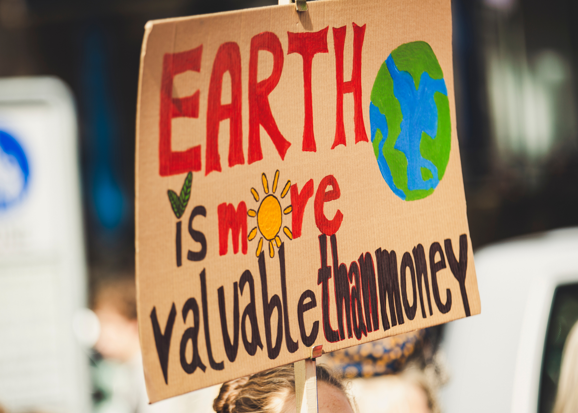 A protest sign made of cardboard reading 'Earth is more valuable than money' with a drawing of a globe in blue and green, related to environmental activism.