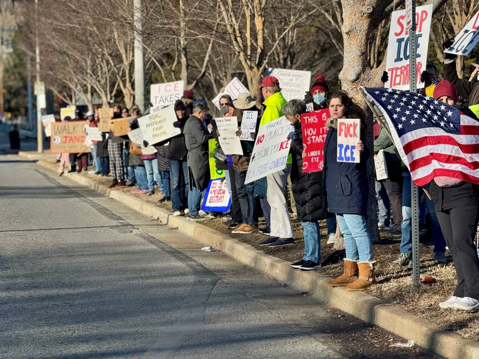 A group of people participating in an anti-ICE protest in Alexandria. The protesters are standing along a sidewalk and street, some wearing masks and winter clothing, with leafless trees in the background.
