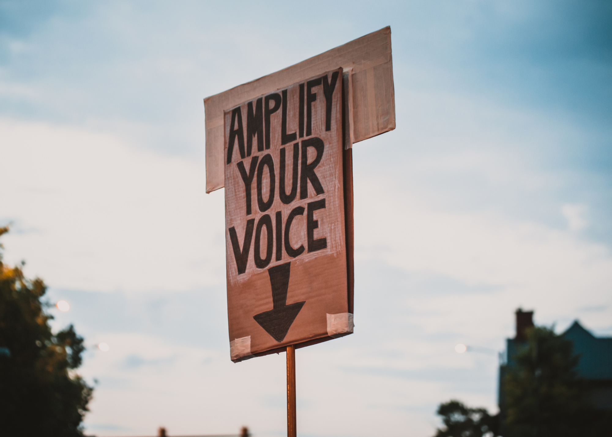 A protest sign made of cardboard held up in the air, with the words "AMPLIFY YOUR VOICE" written in bold black letters and a downward pointing arrow.