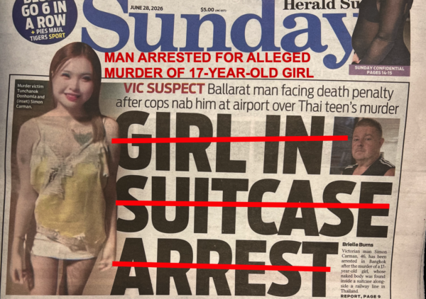 Front page of a newspaper featuring headline:  'Girl in Suitcase Arrest' crossed out in red and replaced with corrected headline: 'Man Arrested for Alleged Murder of 17-Year-Old Girl'