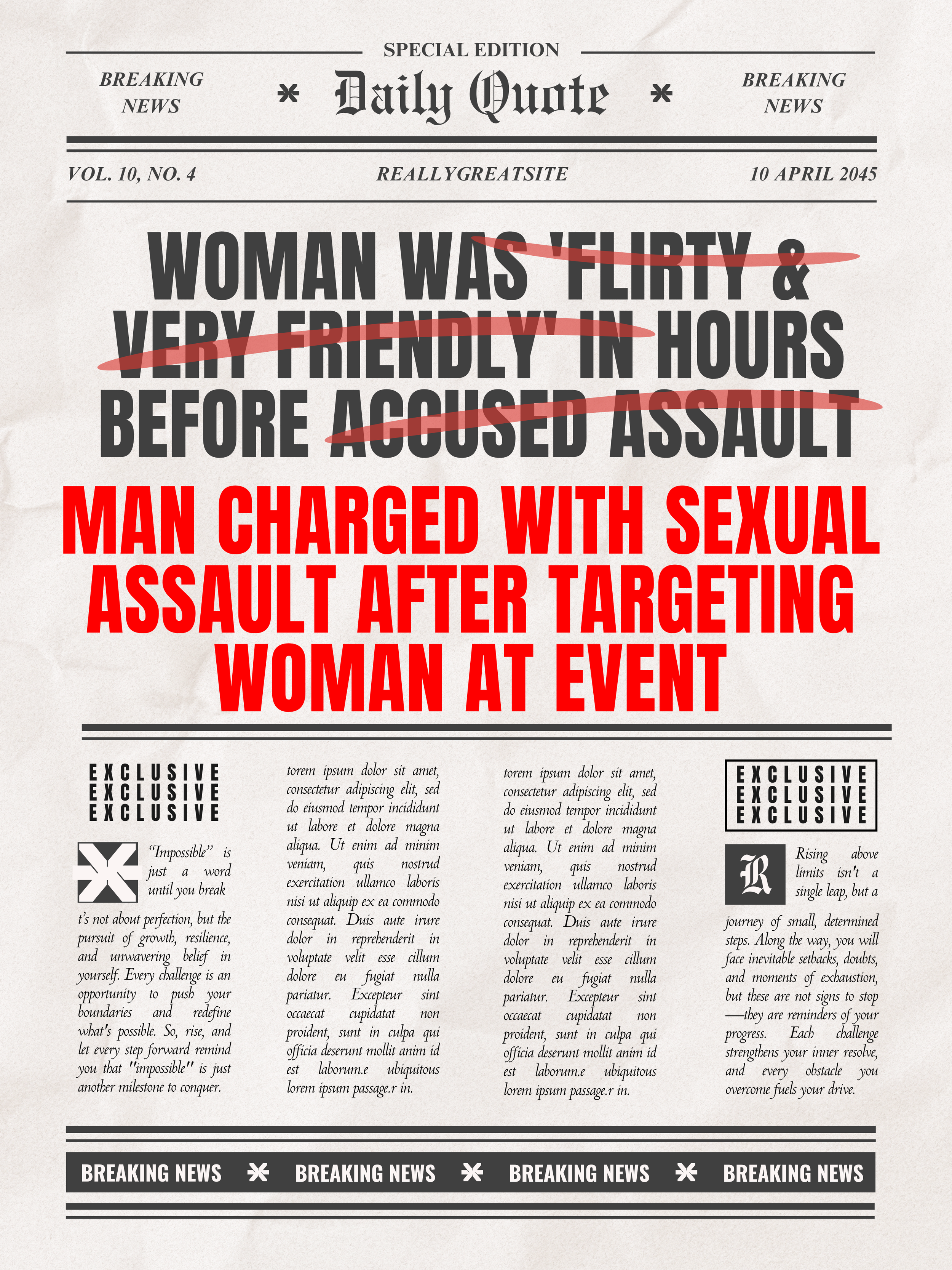 Generated newspaper front page with headline: WOMAN WAS 'FLIRTY AND VERY FRIENDLY' IN HOURS BEFORE ACCUSED ASSAULT, which is crossed out in red and replaced with the headline: MAN CHARGED WITH ASSAULT AFTER TARGETING WOMAN AT EVENT.