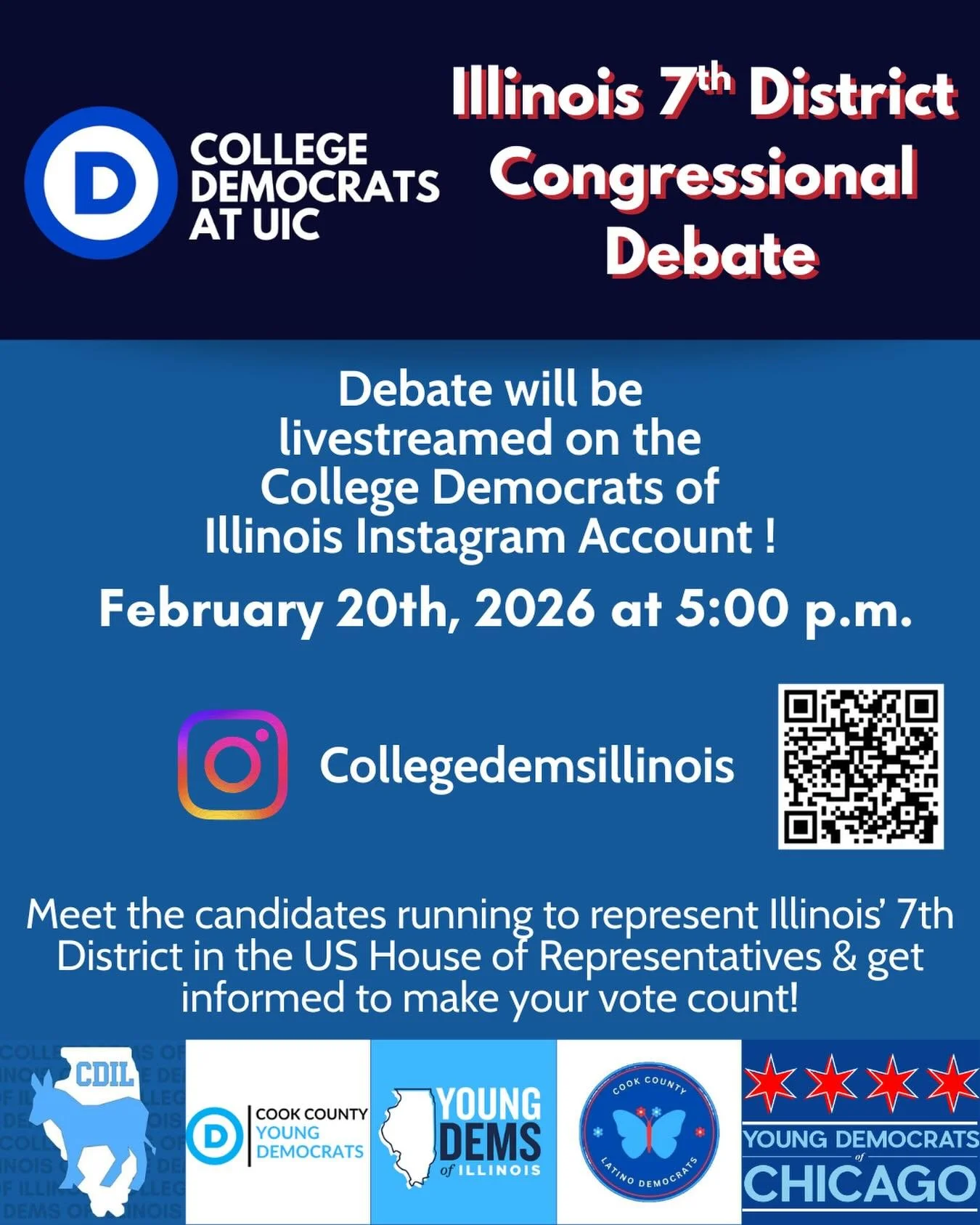 Join us tomorrow at 5pm in person at the UIC campus or online through our Instagram livestream @collegedemsillinois !