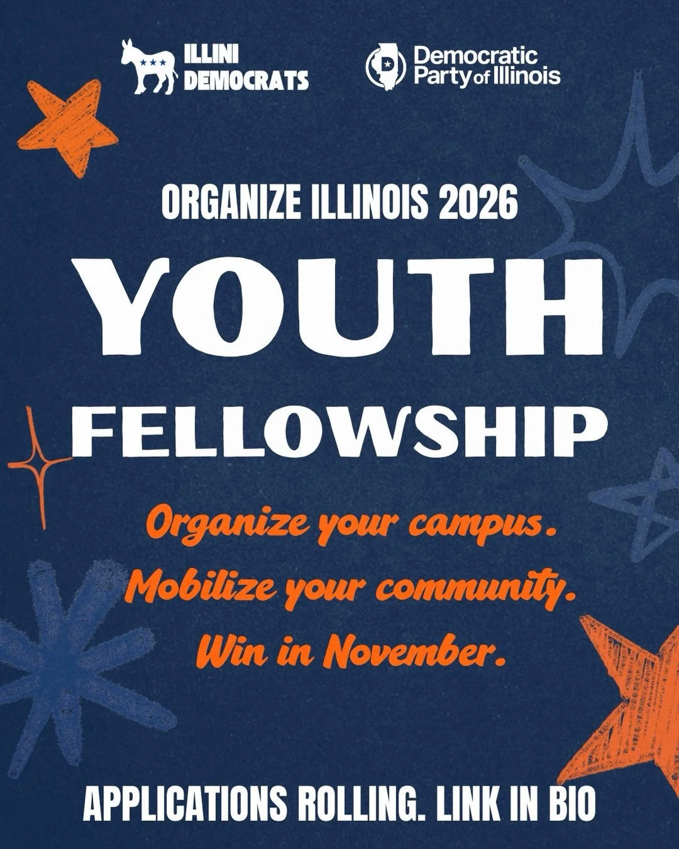 Want to get involved at UIUC? 👀🧡💙

Join the Organize Illinois 2026 Youth Fellowship and help organize your campus, your community, and your friends for Democrats up and down the ballot! 🗳️

✅Build organizing + leadership skills
✅Meet other studen