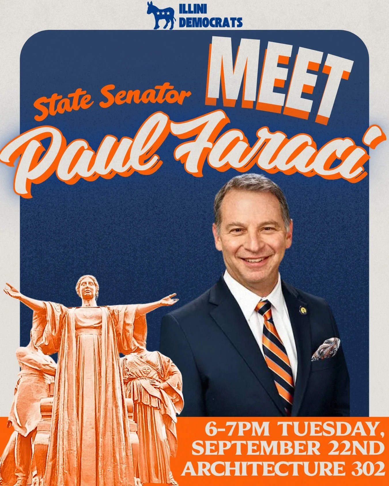 Hey Illini! This TUESDAY we will be meeting State Senator Paul Faraci in room 302 of Architecture 🦅💙 We will be flyering right after across campus so make sure to show out ‼️