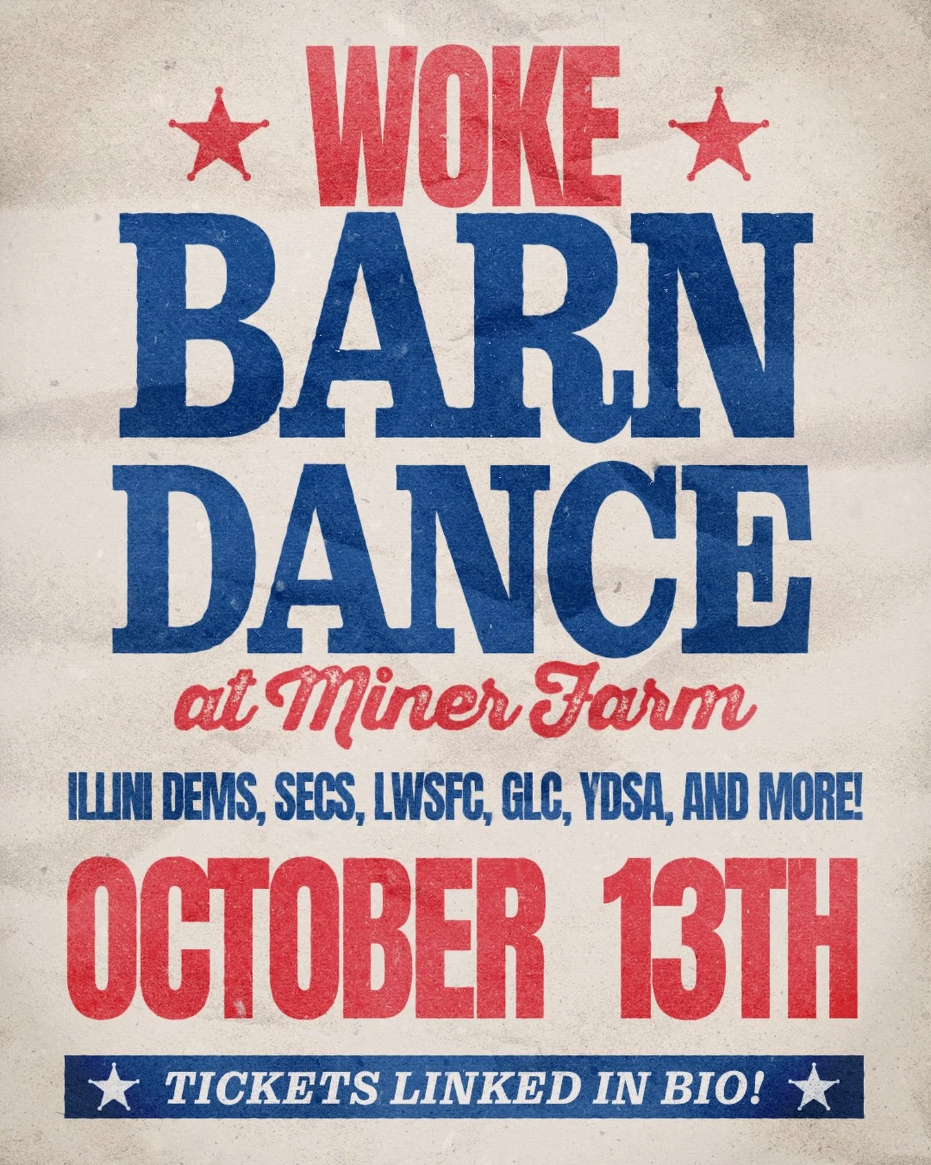 📢 CALLING ALL PROGRESSIVES ON CAMPUS ‼️

Illini Dems, SECS, LWSFC, GLC, and YDSA are hosting our fall woke barn dance 🤠 Come one, come all to enjoy a night of line dancing, bonfires, and listening to music! 

🎟️ Tickets are linked in bio 🔗