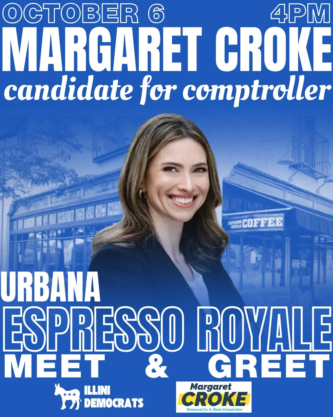 Hey Illini!! This Tuesday at 4PM we WILL be having MARGARET CROKE AT URBANA ESPRESSO ROYALE! Later in the day, we will ALSO be having our committee chair elections. 

Make sure to join us twice this Tuesday 💙‼️