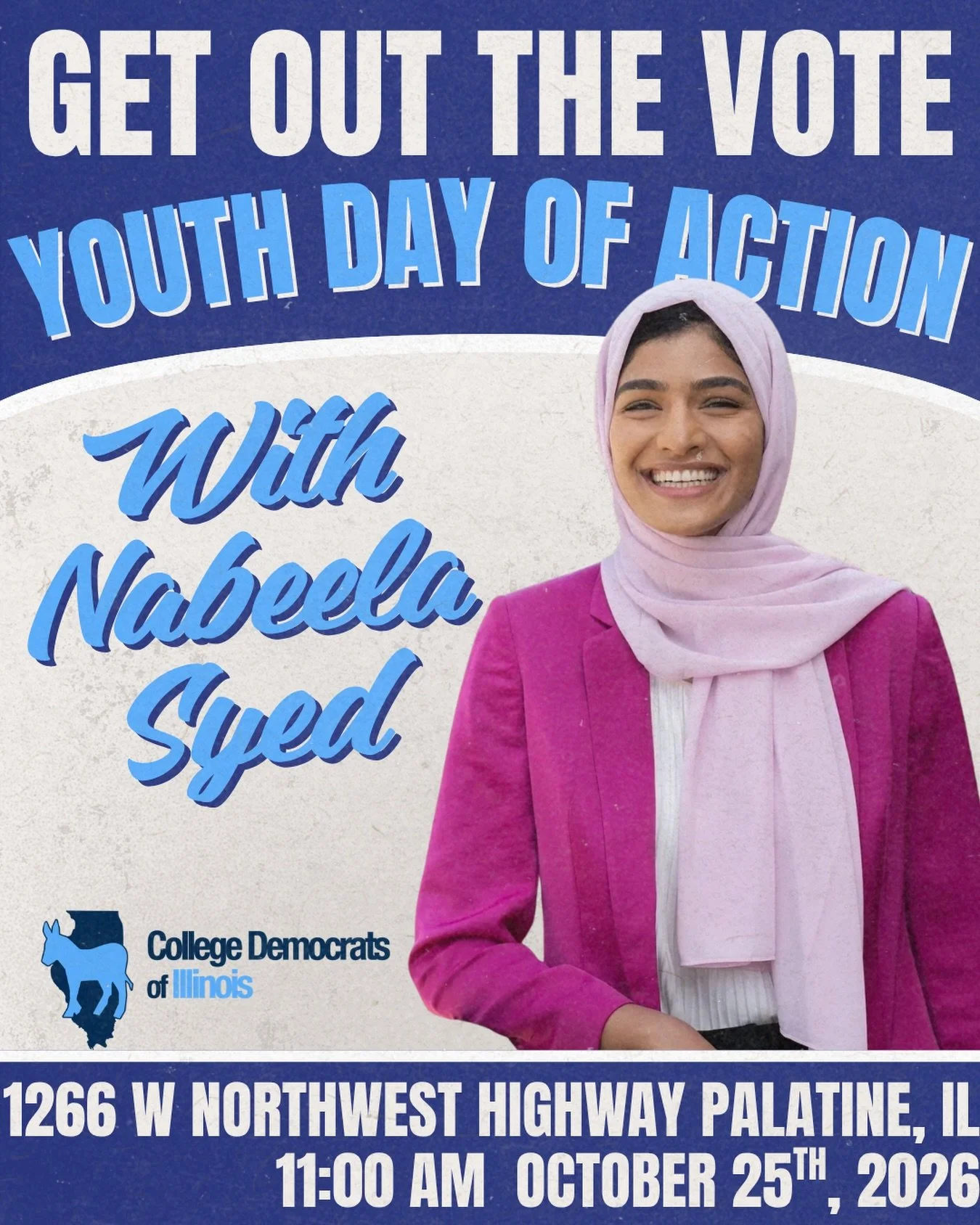 Hey College Dems! October 25th get ready for a Youth Day of Action for Nabeela Syed 💙 Going door to door makes all the difference in elections, and we need YOU to make sure Nabeela is elected‼️

🔗 Link in bio to register!