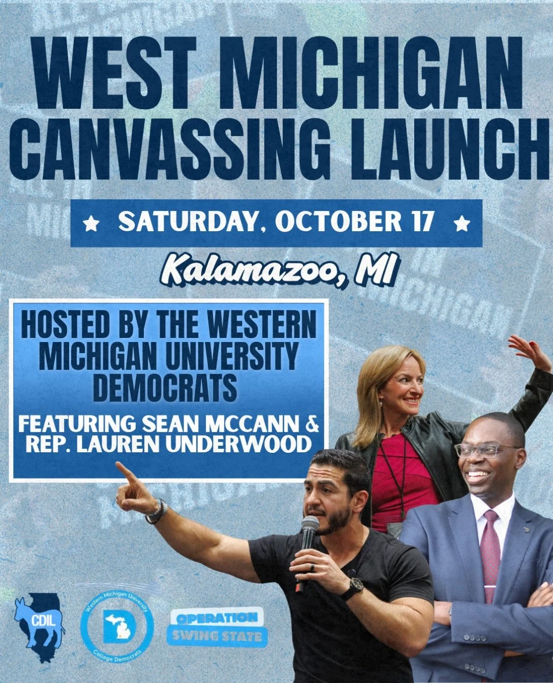 HEY ILLINOIS COLLEGE DEMS!

THIS SATURDAY WE WILL BE CANVASSING IN MICHIGAN, KNOCKING DOORS FOR DEMOCRATS UP AND DOWN THE BALLOT 🚪💙

🔗 TO SIGN UP IS IN OUR BIO!