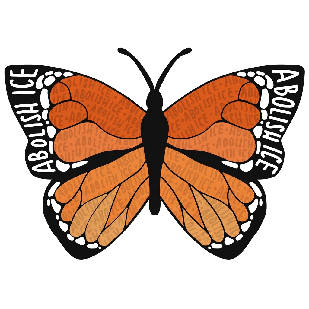 A butterfly with orange wings featuring black and white details, and the words "ABOLISH ICE" written along the edges of the wings.