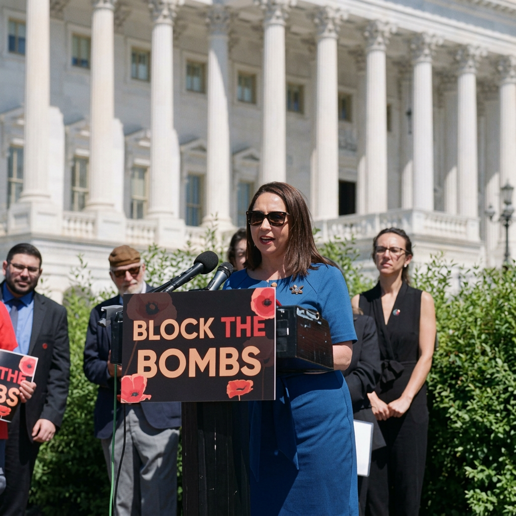 A woman in a blue dress speaking at a podium with a sign that reads "Block the Bombs" during a protest or rally outside a government building. Several people are standing behind her, some holding signs, with the building's columns visible in the background.