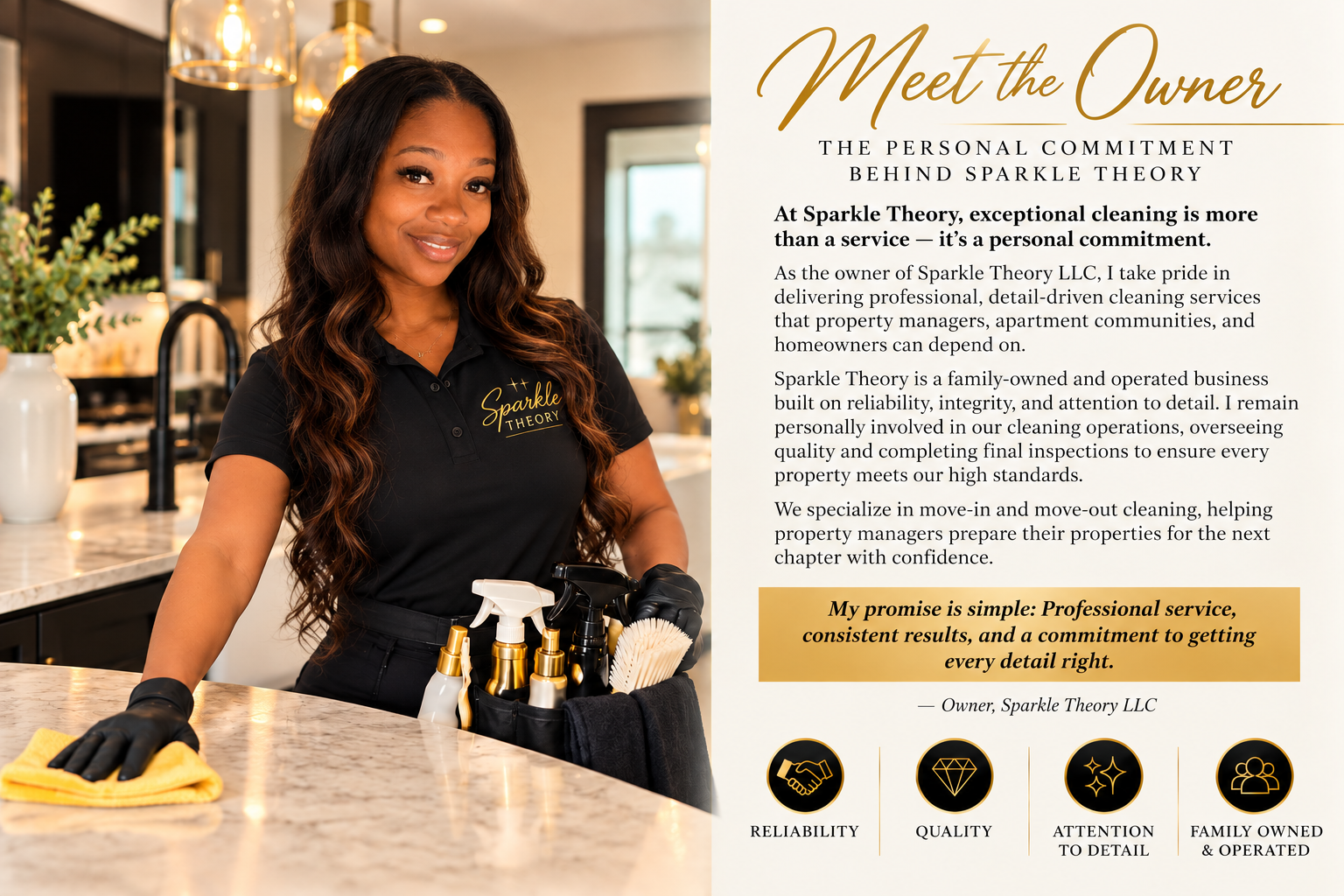 A woman with long wavy hair in a black Sparkle Theory polo shirt smiling at the camera, standing behind a marble countertop with cleaning supplies, in a modern kitchen setting with pendant lights and a plant. A text overlay introduces her as the owner of Sparkle Theory LLC, highlighting her commitment to professional cleaning services focused on reliability, quality, attention to detail, and family ownership.