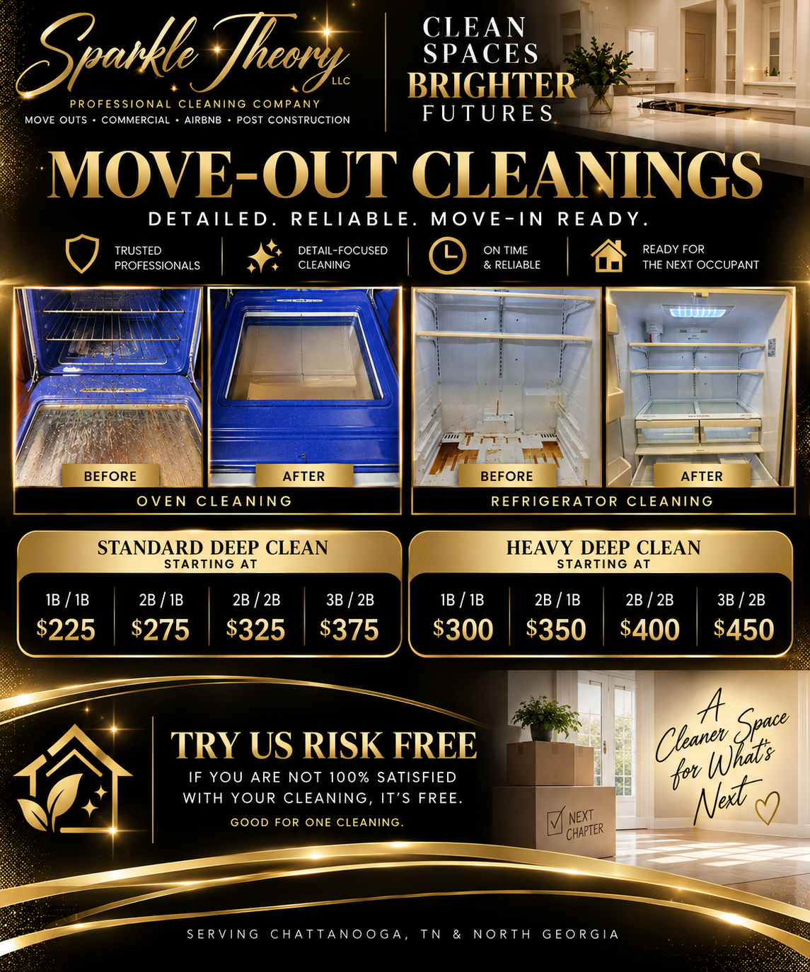 Flyer for Sparkle Theory LLC cleaning services highlighting move-out cleanings, with before and after images of oven and refrigerator cleaning, pricing options for standard and heavy deep cleanings, and a promotion for a risk-free cleaning service.