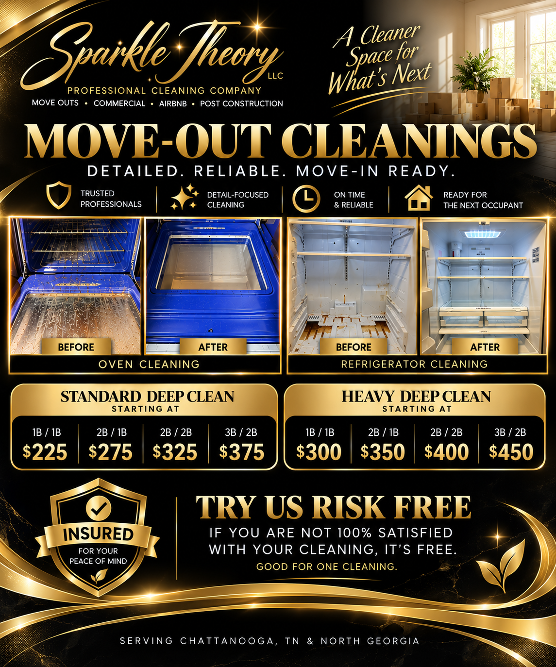 Advertisement for Sparkle Theory LLC move-out cleaning services. Features before and after photos of oven and refrigerator cleaning. Details on pricing for standard and heavy deep clean, insured, with a slogan about risk-free trial. Contact info mentions Chattanooga, TN, and North Georgia.