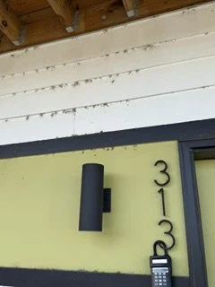 Close-up of a house number plaque with the numbers 3123 and a keypad lock next to it, attached to a yellow wall with a black border.
