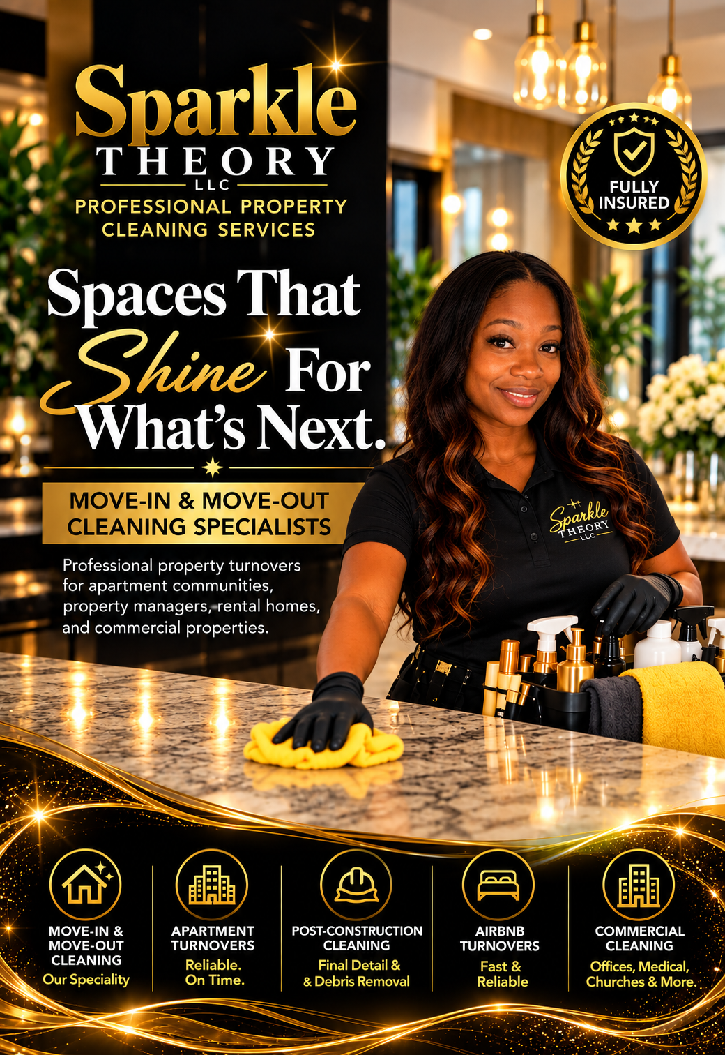 Promotional flyer for Sparkle Theory LLC, a cleaning service specializing in move-in/move-out, apartment, post-construction, Airbnb, and commercial cleaning. Features a smiling woman with long wavy hair in a black uniform, holding cleaning supplies; background shows a clean, well-lit interior. Emphasizes fully insured service and reliability.