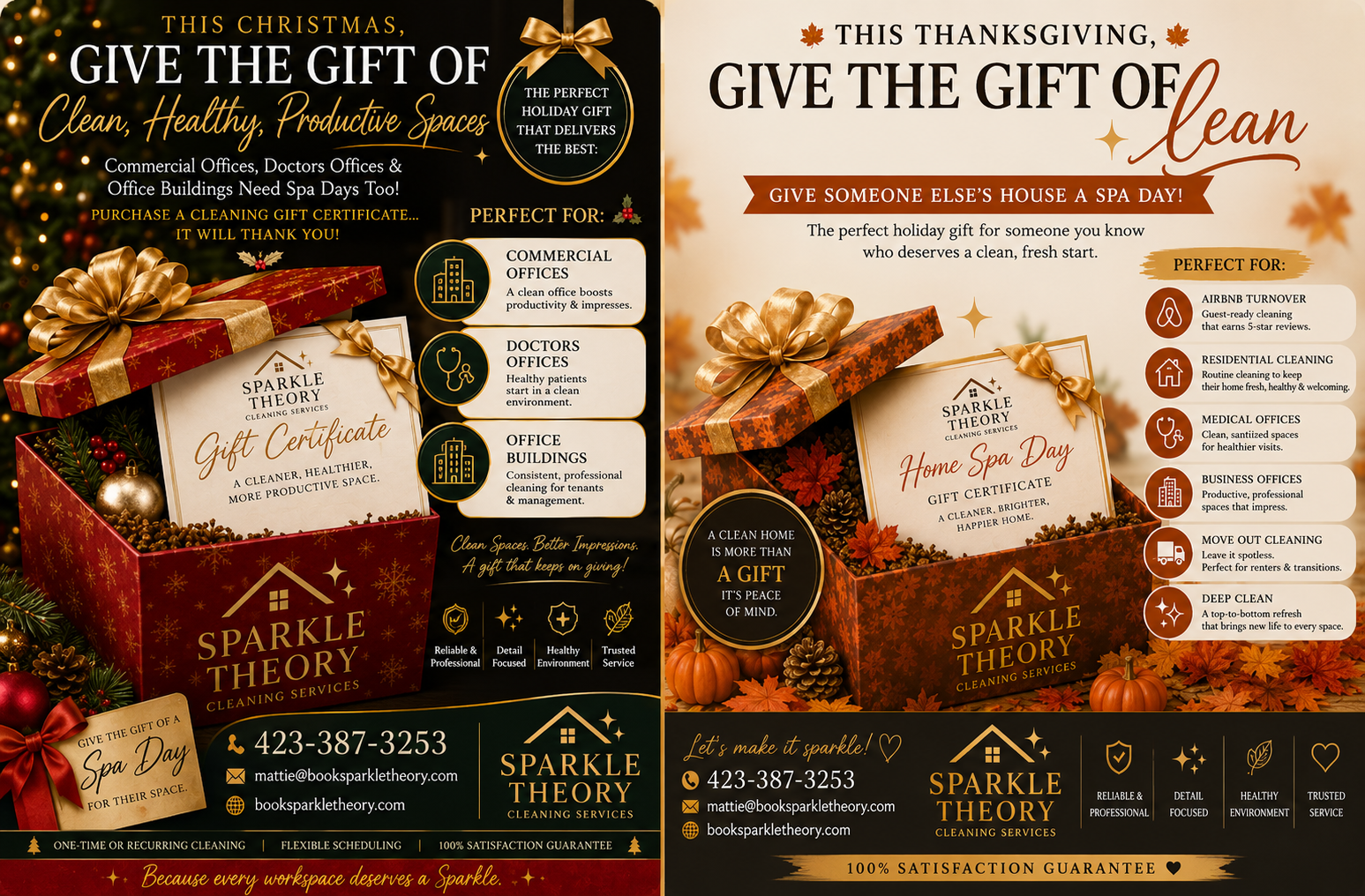 A holiday flyer for Sparkle Theory cleaning services, promoting gift certificates for various occasions like Christmas, Thanksgiving, and home spa day. The flyer features festive decorations, gift boxes, and icons indicating the service benefits such as reliability and a healthy environment. Contact information and website are also included.